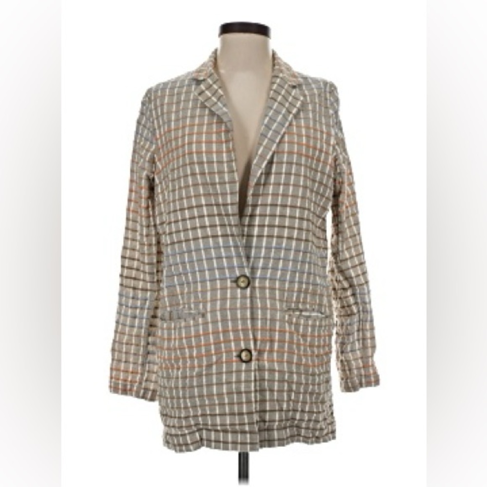 Free People Beige Checked Blazer with Blue and Orange Windowpane